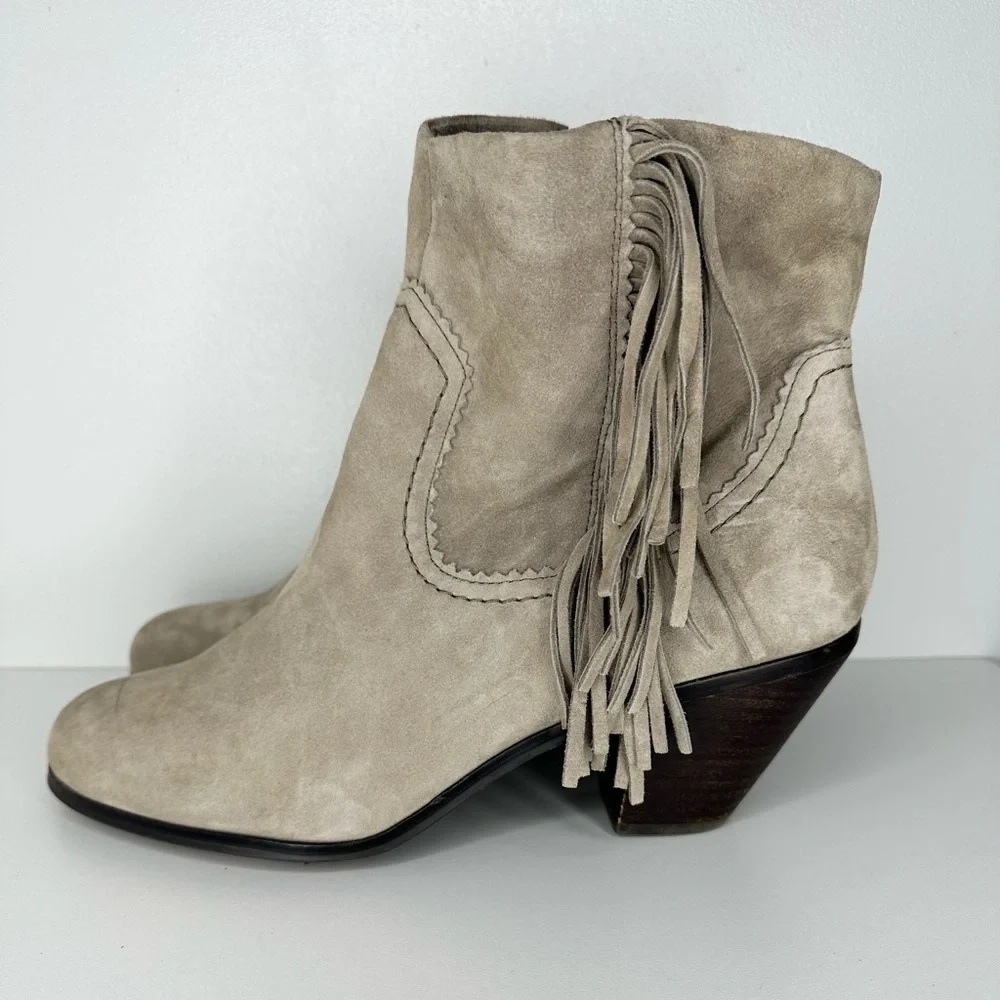Sam Edelman Gray Suede Fringe Louie Heeled Ankle Boot Women’s Size 10.5